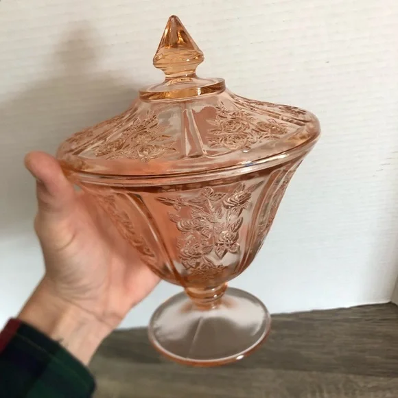 Vtg Federal Glass Pink Sharon Cabbage Rose Covered Candy Dish - Picture 3 of 14